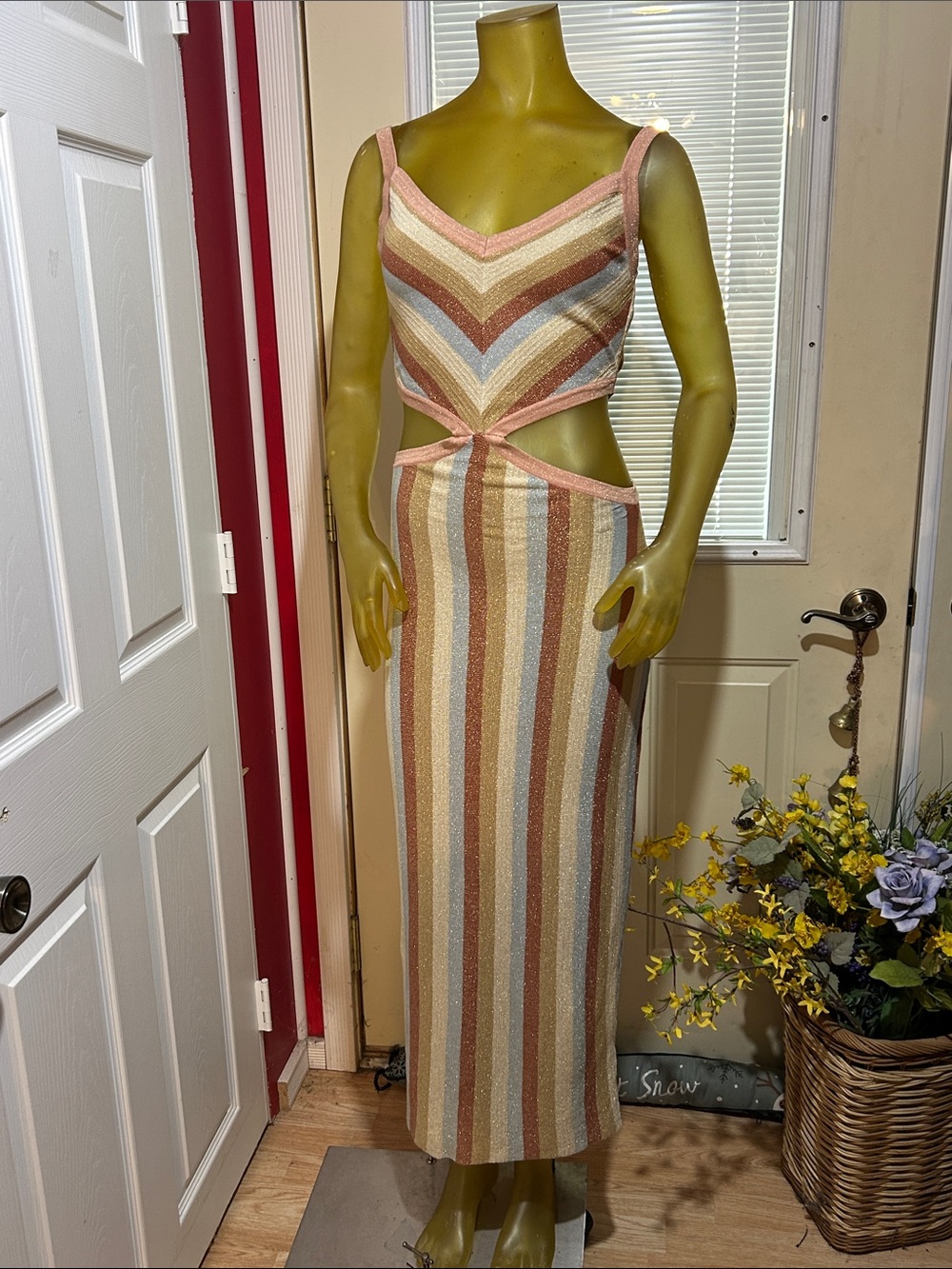 NWOT Altar'd State Stripe Cutout Maxi Dress in Copper, Blue, Cream, Gold